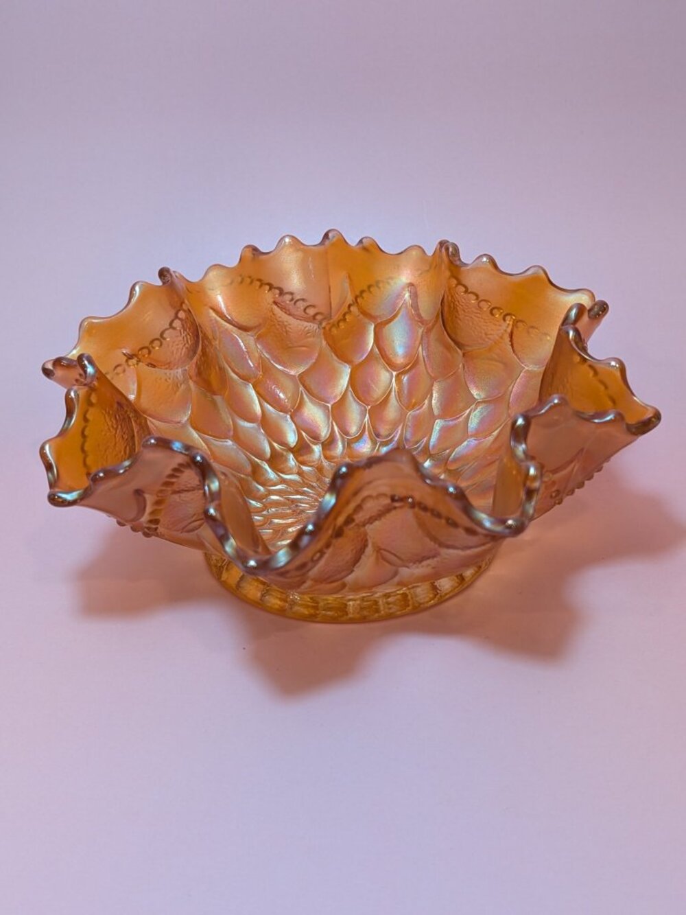 Dugan Marigold Carnival Glass Ruffled Bowl